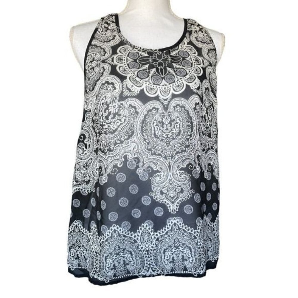 Anthropologie Elodie Top Blouse Size Large Black White Sheer Sleeveless Low Back